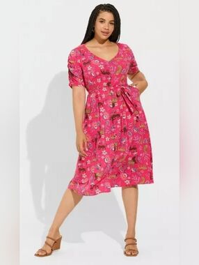 Torrid Midi Rayon Slub Button Front Tie Dress Leopard Pink Short Sleeve Sz 1/14